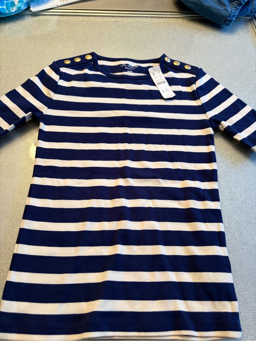J. Crew Navy and White Striped Boatneck Top with Gold Shoulder Buttons